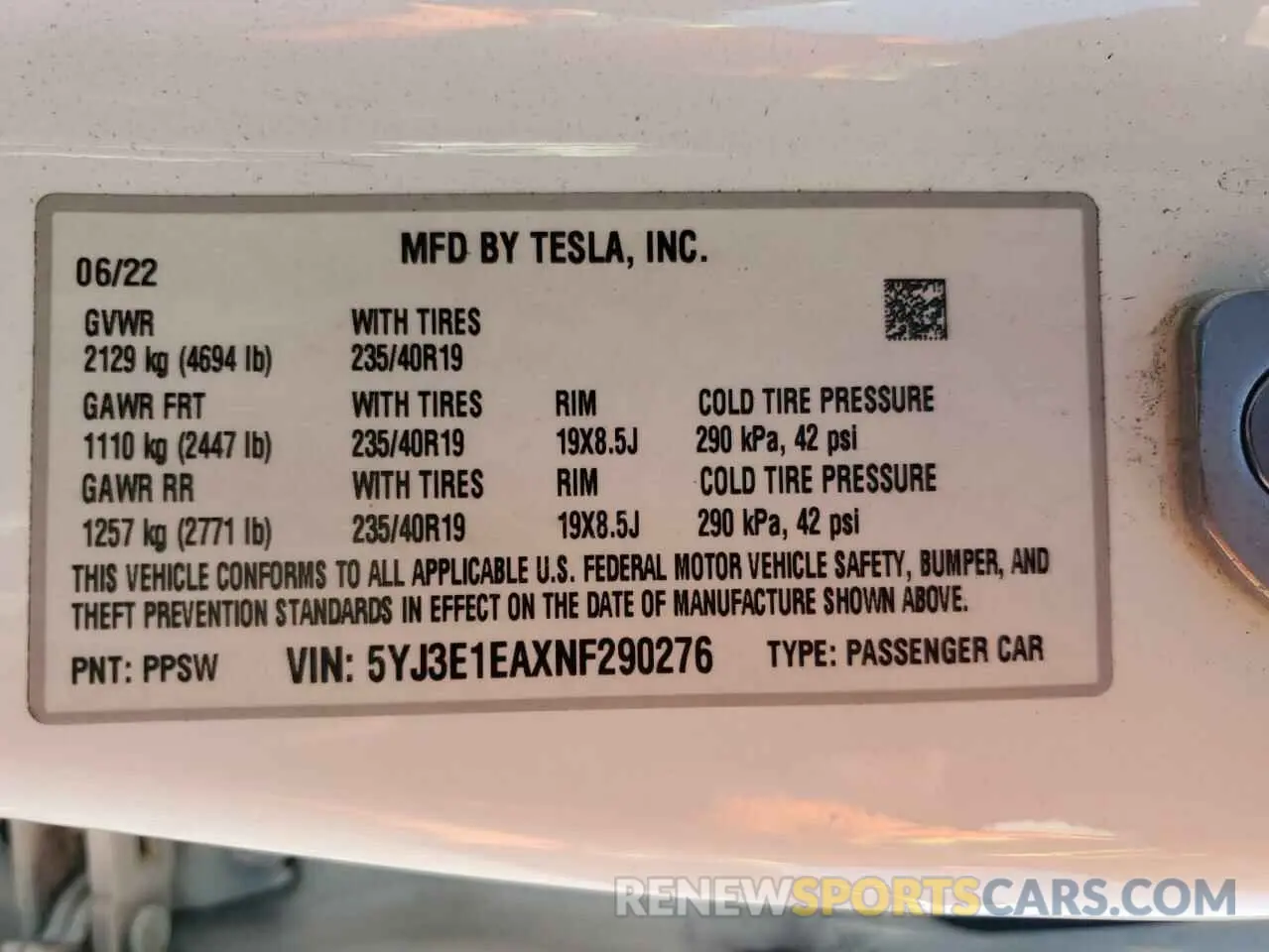 13 fotografías del automóvil dañado 5YJ3E1EAXNF290276 TESLA MODEL 3 2022
