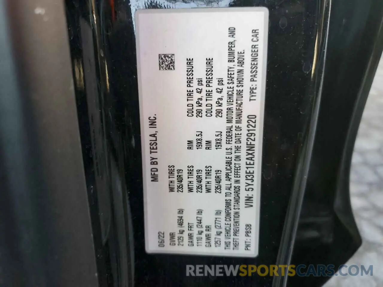 13 fotografías del automóvil dañado 5YJ3E1EAXNF291220 TESLA MODEL 3 2022