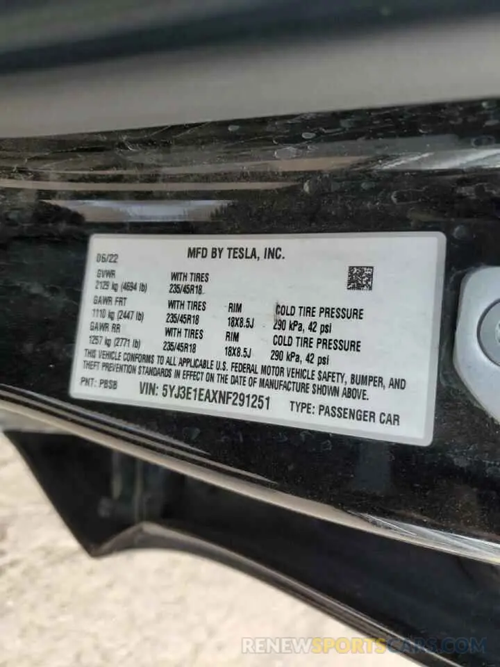 12 fotografías del automóvil dañado 5YJ3E1EAXNF291251 TESLA MODEL 3 2022