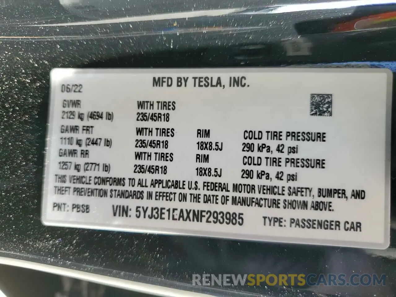 10 fotografías del automóvil dañado 5YJ3E1EAXNF293985 TESLA MODEL 3 2022