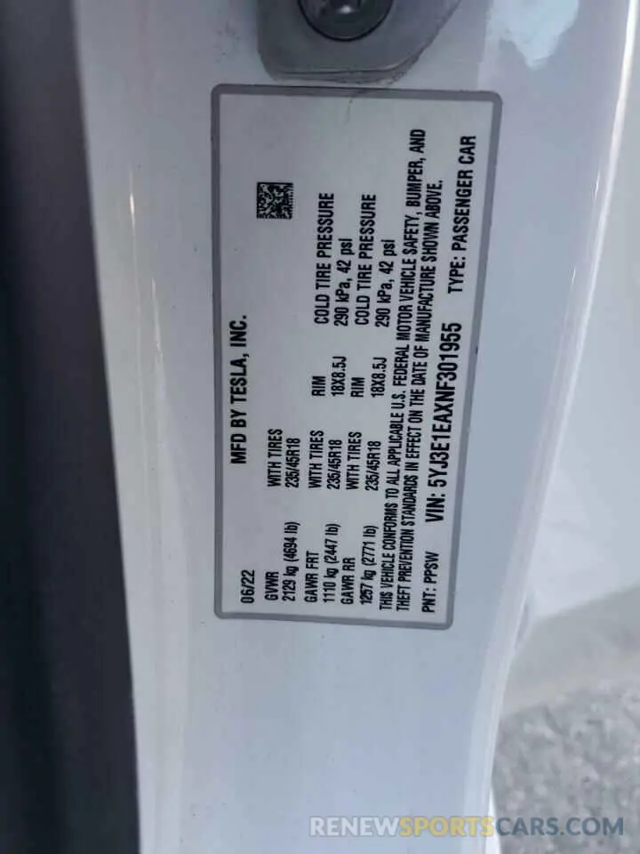 13 fotografías del automóvil dañado 5YJ3E1EAXNF301955 TESLA MODEL 3 2022