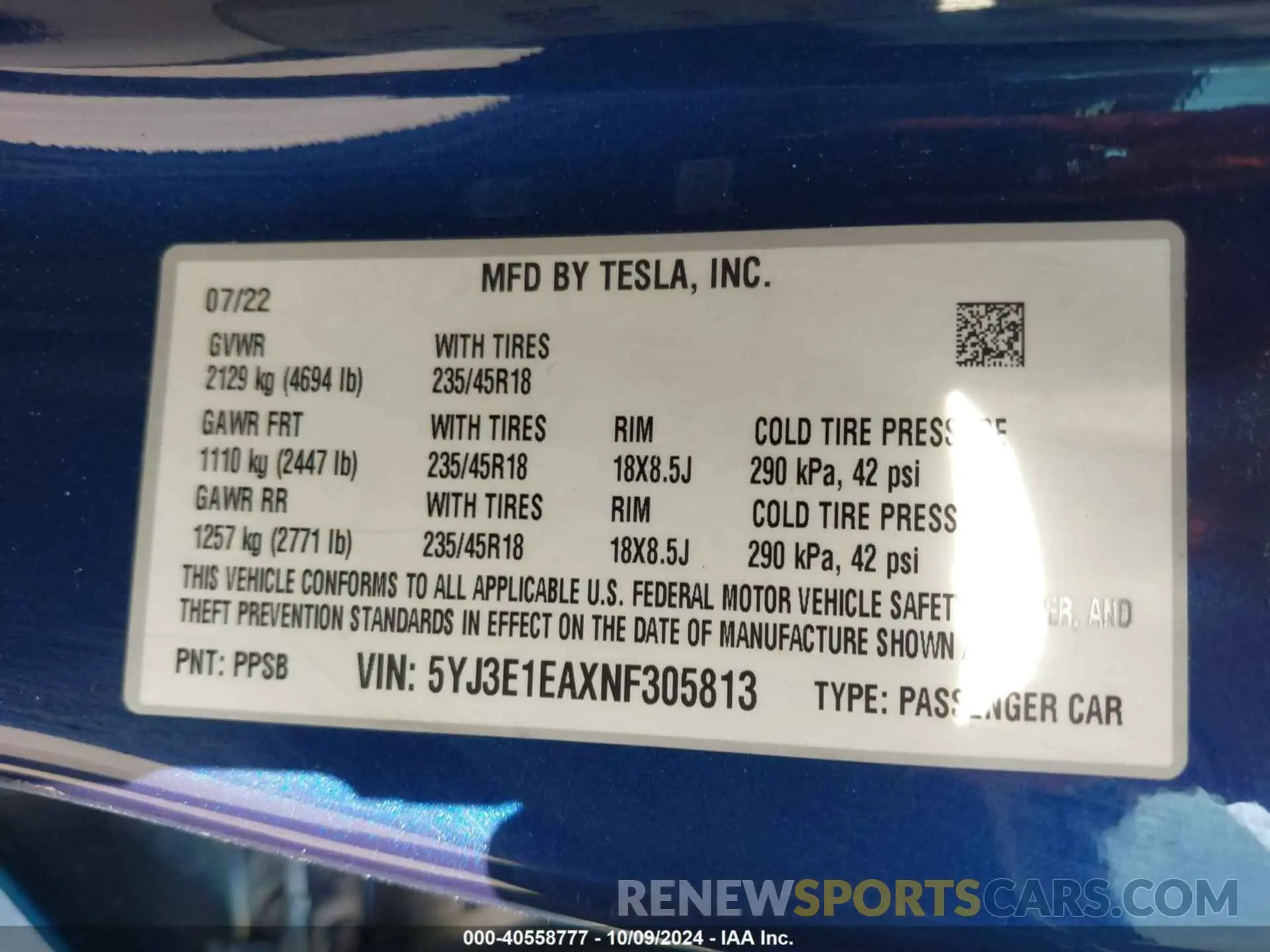 9 fotografías del automóvil dañado 5YJ3E1EAXNF305813 TESLA MODEL 3 2022