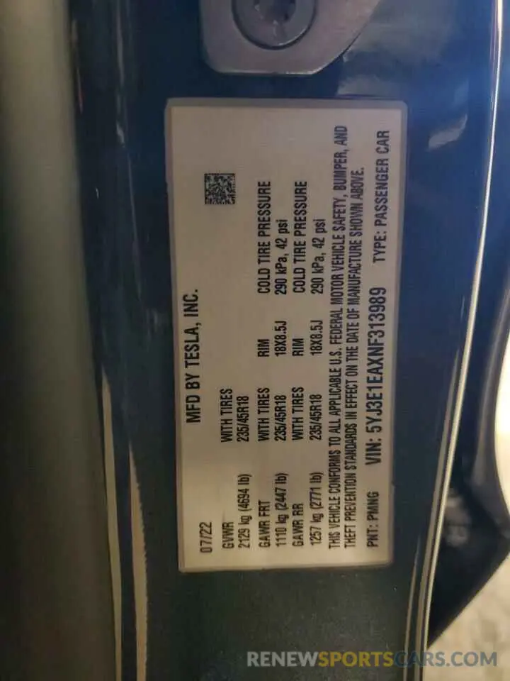 15 fotografías del automóvil dañado 5YJ3E1EAXNF313989 TESLA MODEL 3 2022