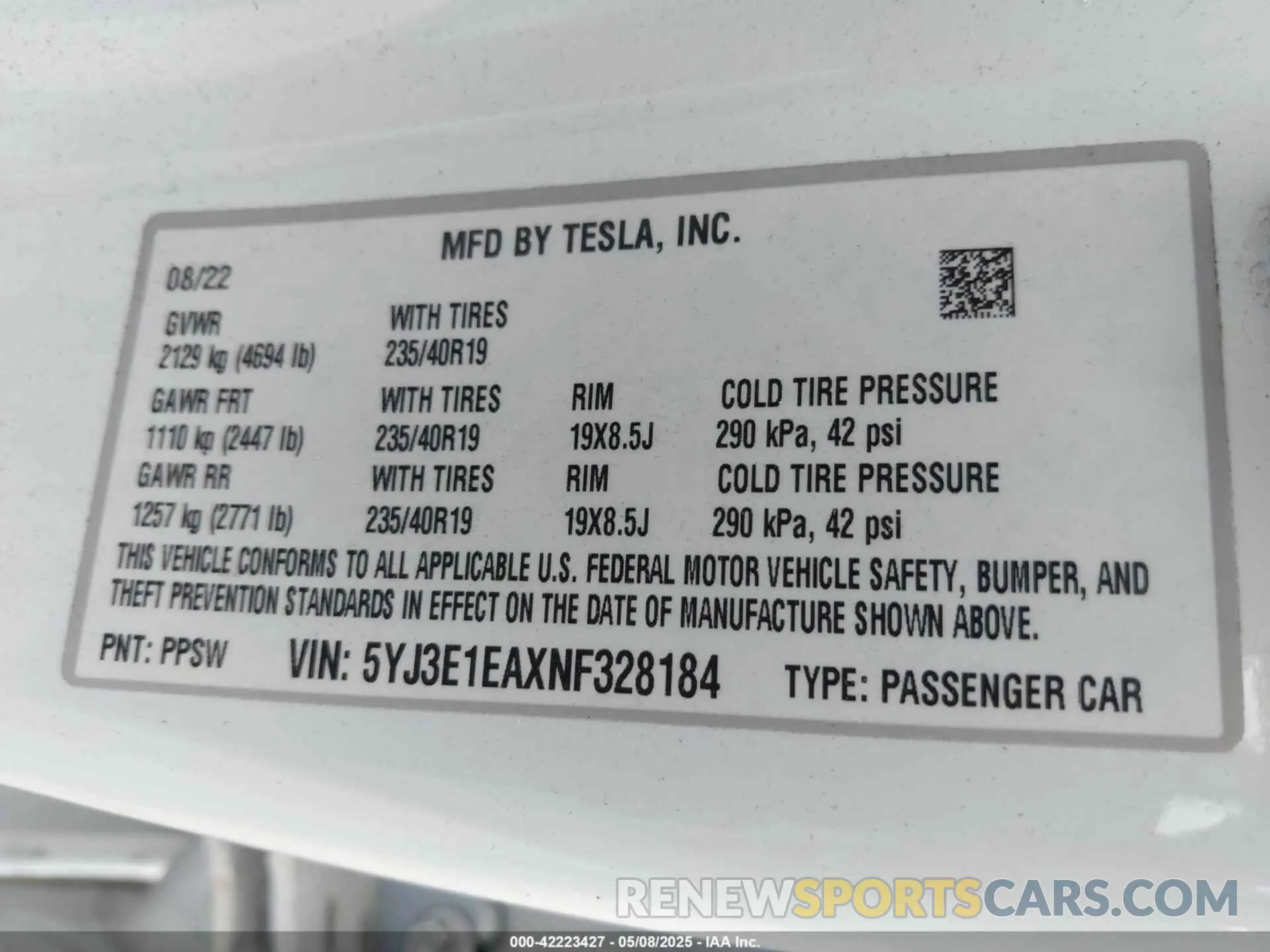 9 fotografías del automóvil dañado 5YJ3E1EAXNF328184 TESLA MODEL 3 2022