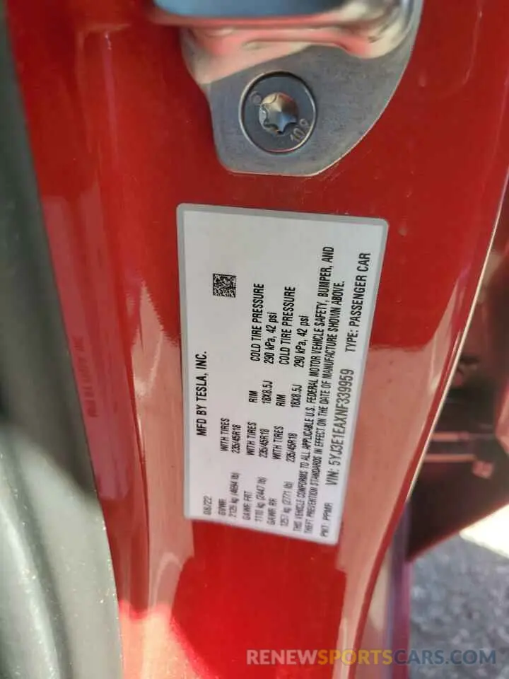 12 fotografías del automóvil dañado 5YJ3E1EAXNF339959 TESLA MODEL 3 2022