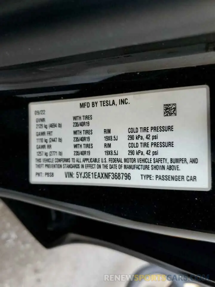 13 fotografías del automóvil dañado 5YJ3E1EAXNF368796 TESLA MODEL 3 2022