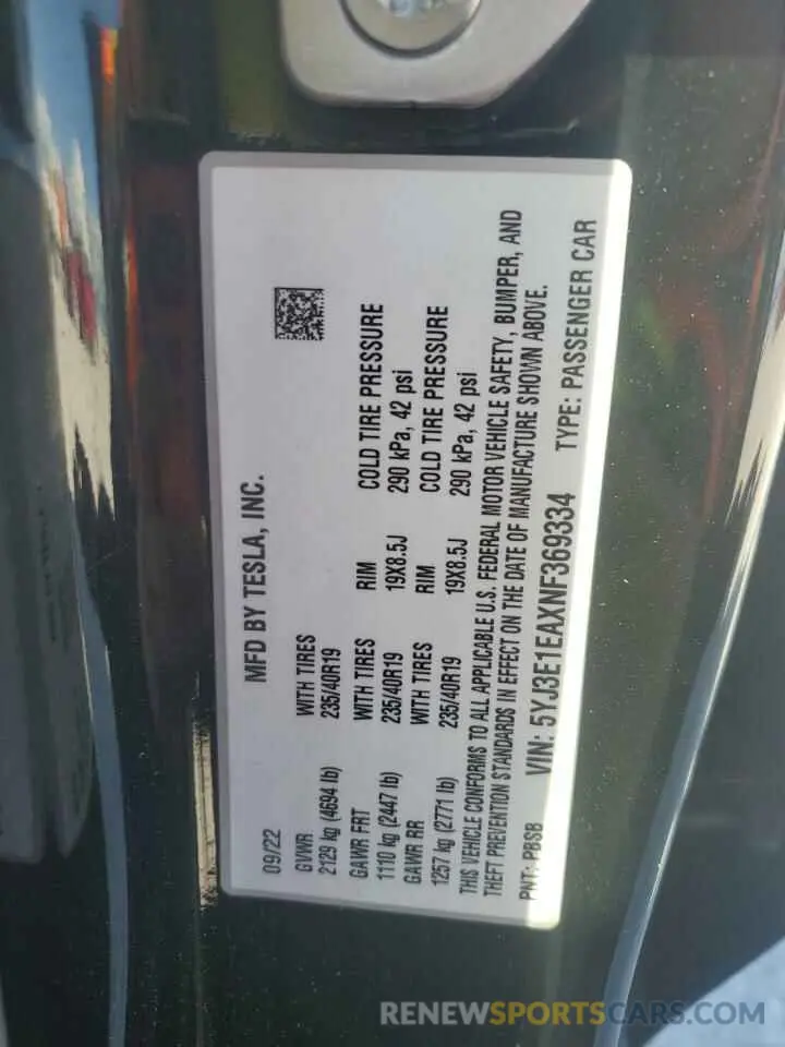 12 fotografías del automóvil dañado 5YJ3E1EAXNF369334 TESLA MODEL 3 2022