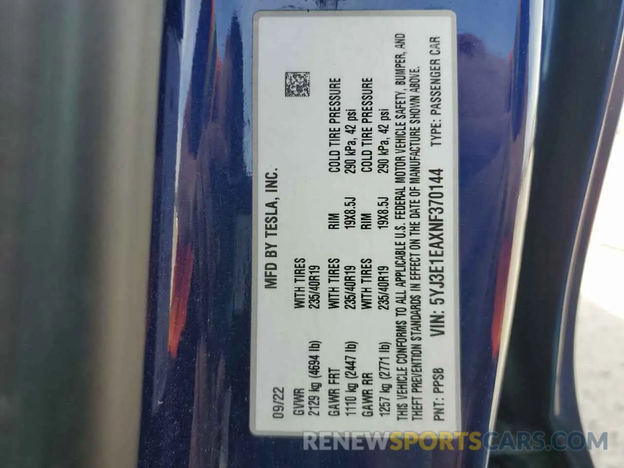 12 fotografías del automóvil dañado 5YJ3E1EAXNF370144 TESLA MODEL 3 2022