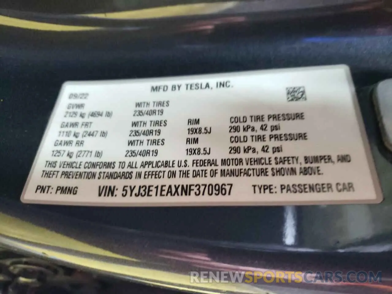 13 fotografías del automóvil dañado 5YJ3E1EAXNF370967 TESLA MODEL 3 2022