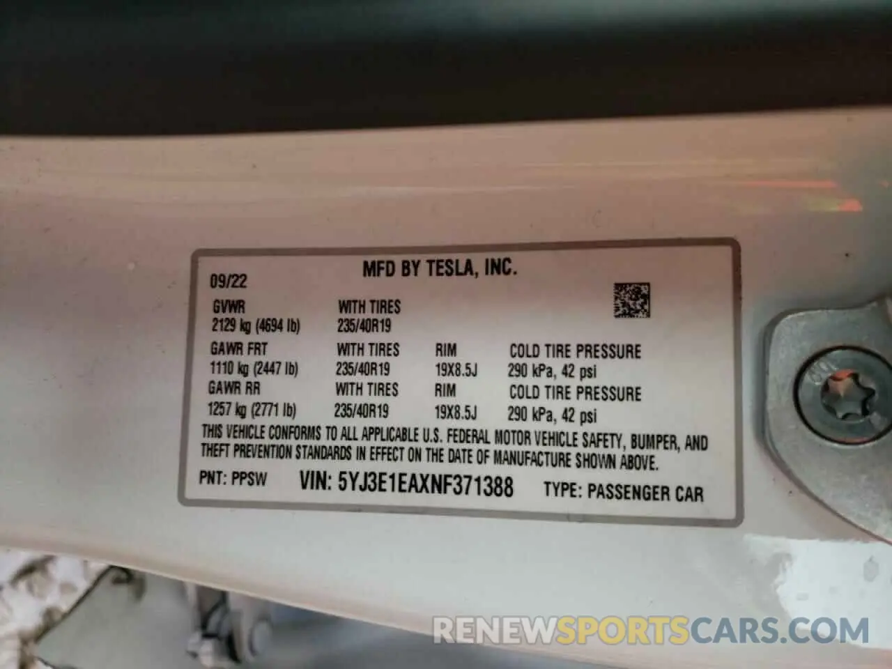 12 fotografías del automóvil dañado 5YJ3E1EAXNF371388 TESLA MODEL 3 2022