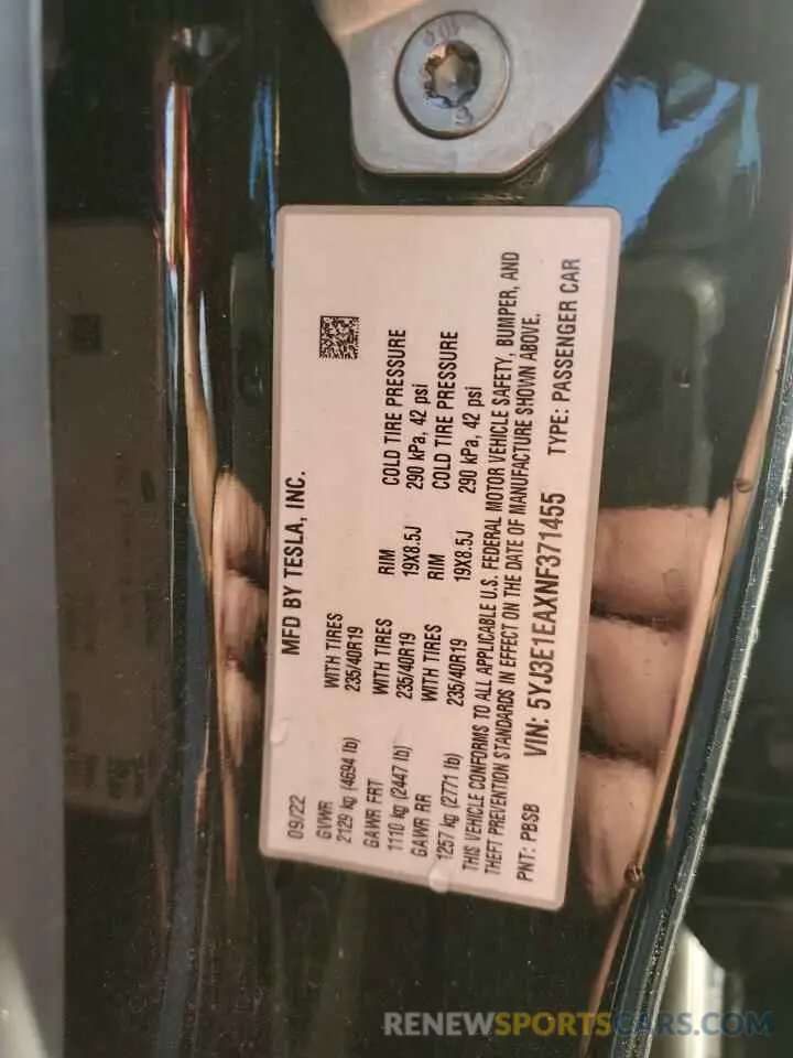 12 fotografías del automóvil dañado 5YJ3E1EAXNF371455 TESLA MODEL 3 2022