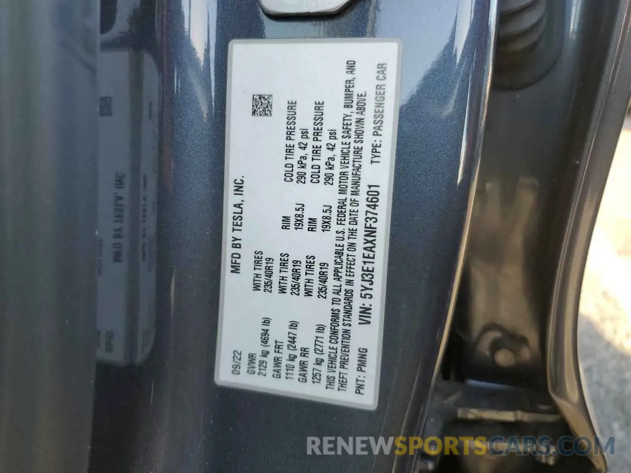 15 fotografías del automóvil dañado 5YJ3E1EAXNF374601 TESLA MODEL 3 2022