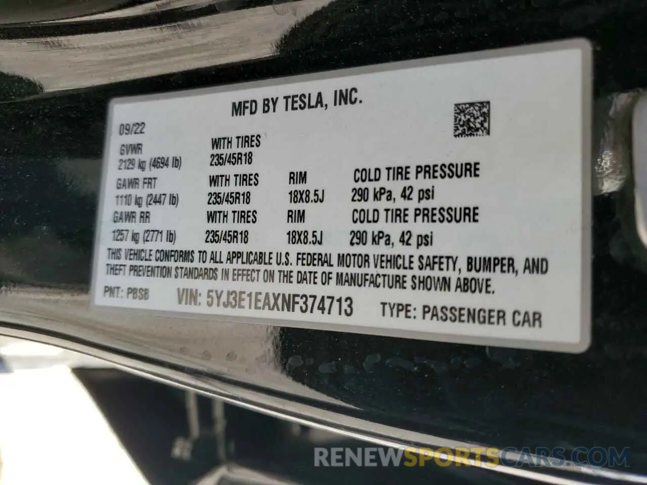 12 fotografías del automóvil dañado 5YJ3E1EAXNF374713 TESLA MODEL 3 2022