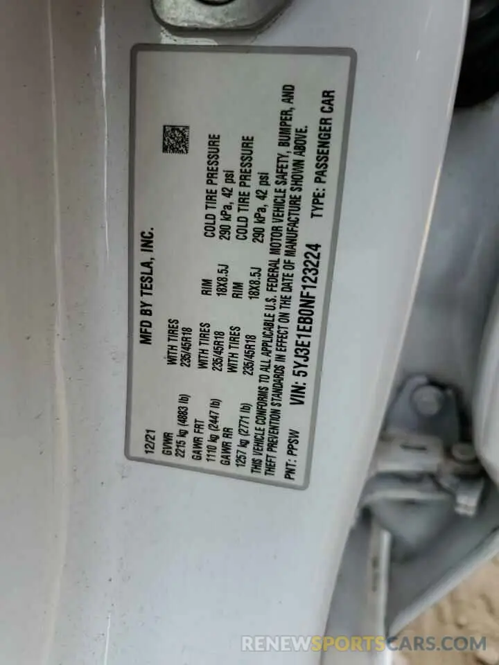 13 fotografías del automóvil dañado 5YJ3E1EB0NF123224 TESLA MODEL 3 2022