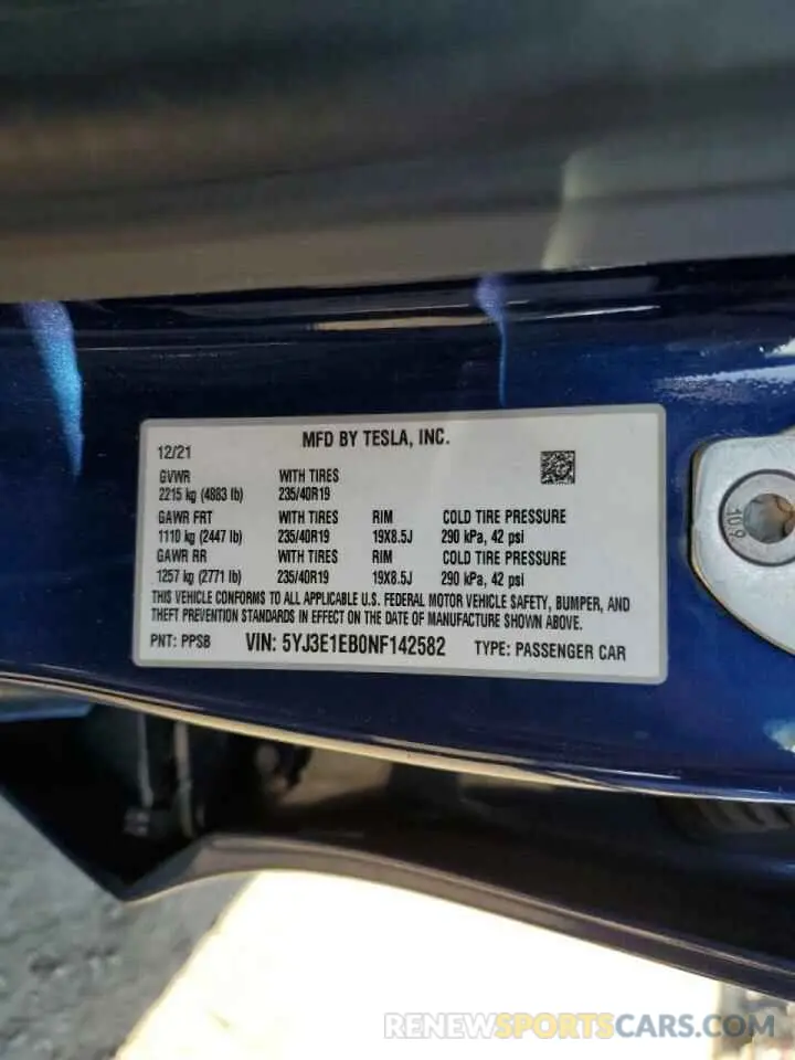 12 fotografías del automóvil dañado 5YJ3E1EB0NF142582 TESLA MODEL 3 2022