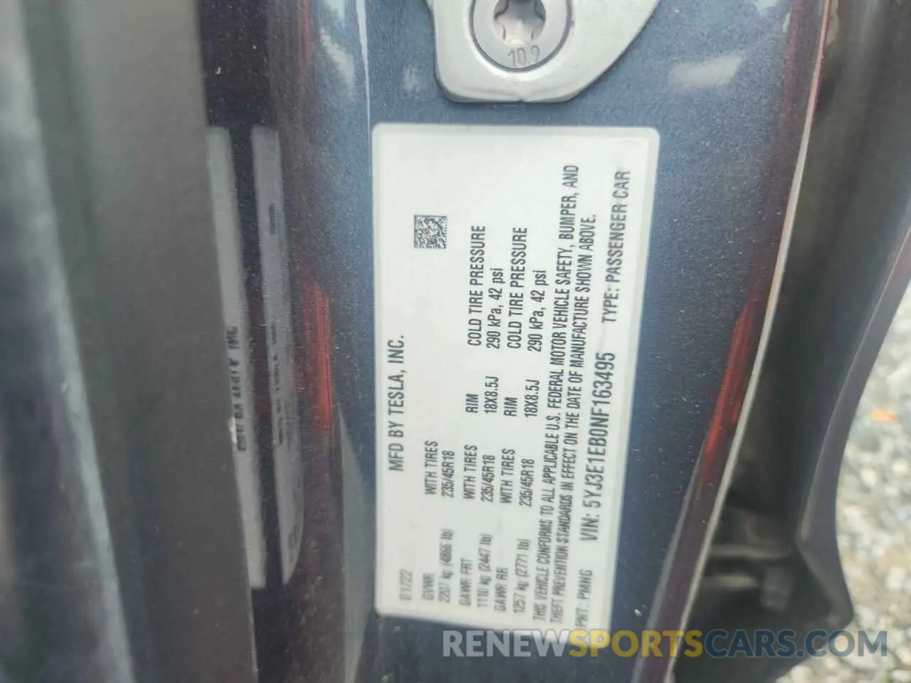 12 fotografías del automóvil dañado 5YJ3E1EB0NF163495 TESLA MODEL 3 2022