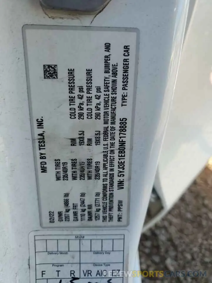 12 fotografías del automóvil dañado 5YJ3E1EB0NF178885 TESLA MODEL 3 2022