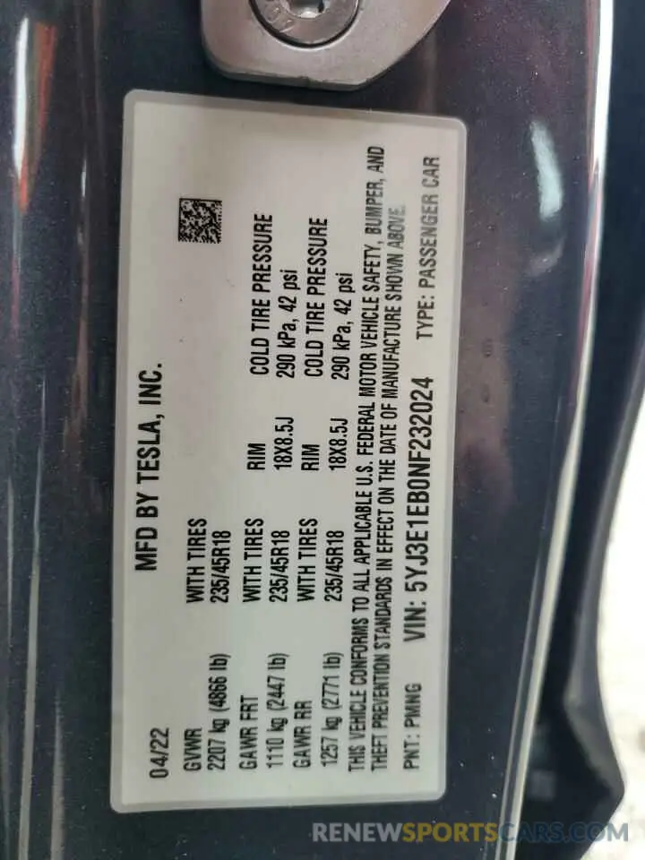12 fotografías del automóvil dañado 5YJ3E1EB0NF232024 TESLA MODEL 3 2022