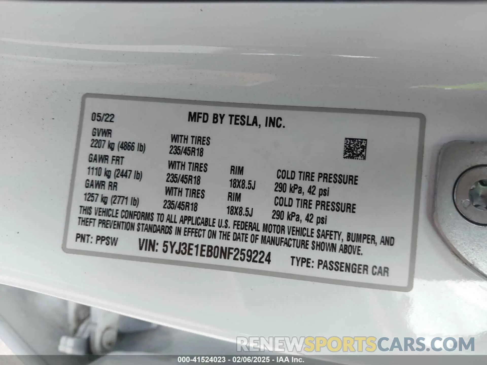 9 fotografías del automóvil dañado 5YJ3E1EB0NF259224 TESLA MODEL 3 2022