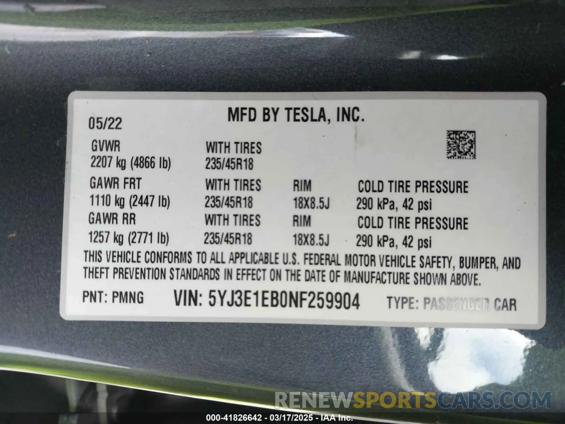9 fotografías del automóvil dañado 5YJ3E1EB0NF259904 TESLA MODEL 3 2022