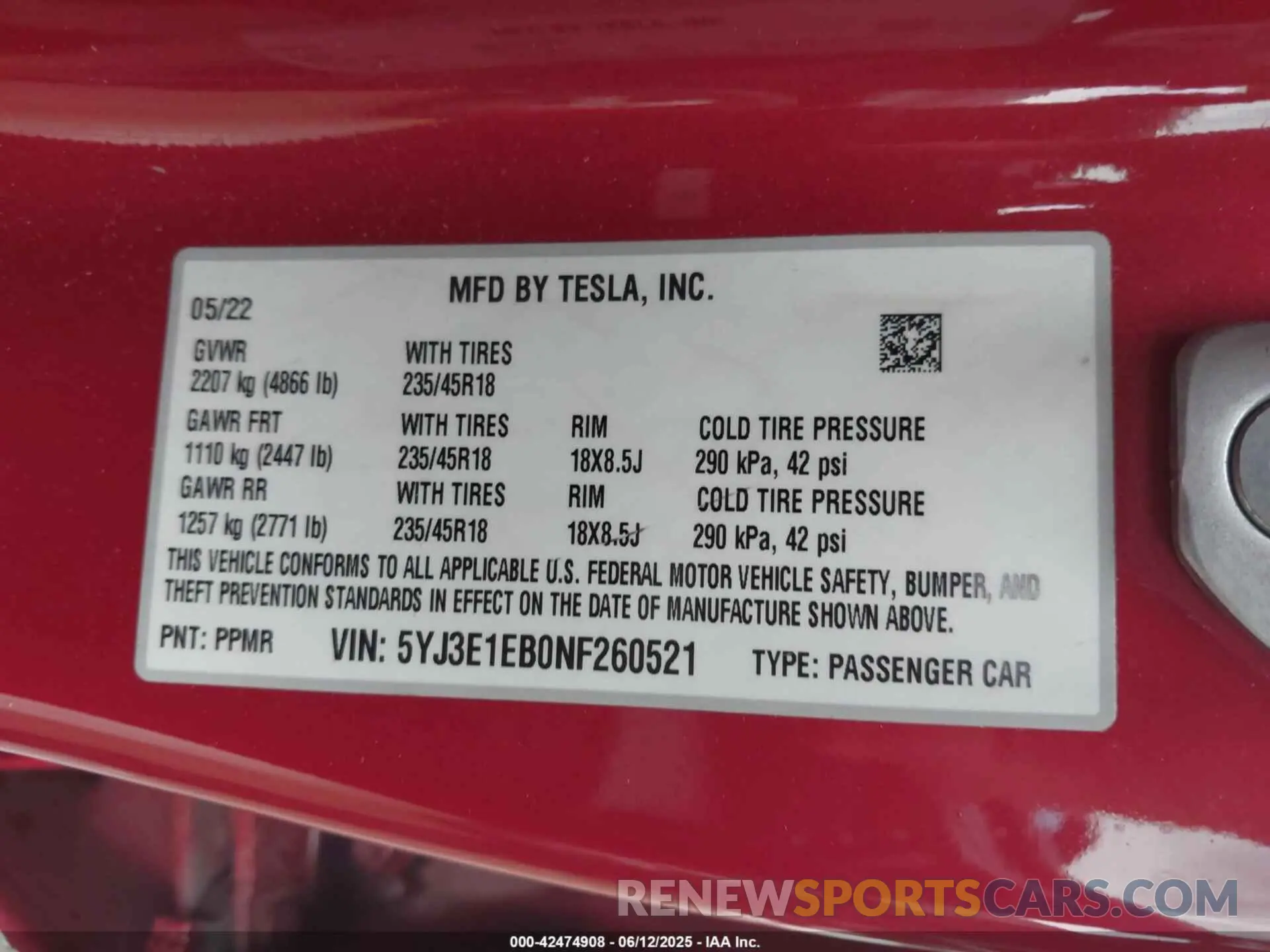9 fotografías del automóvil dañado 5YJ3E1EB0NF260521 TESLA MODEL 3 2022