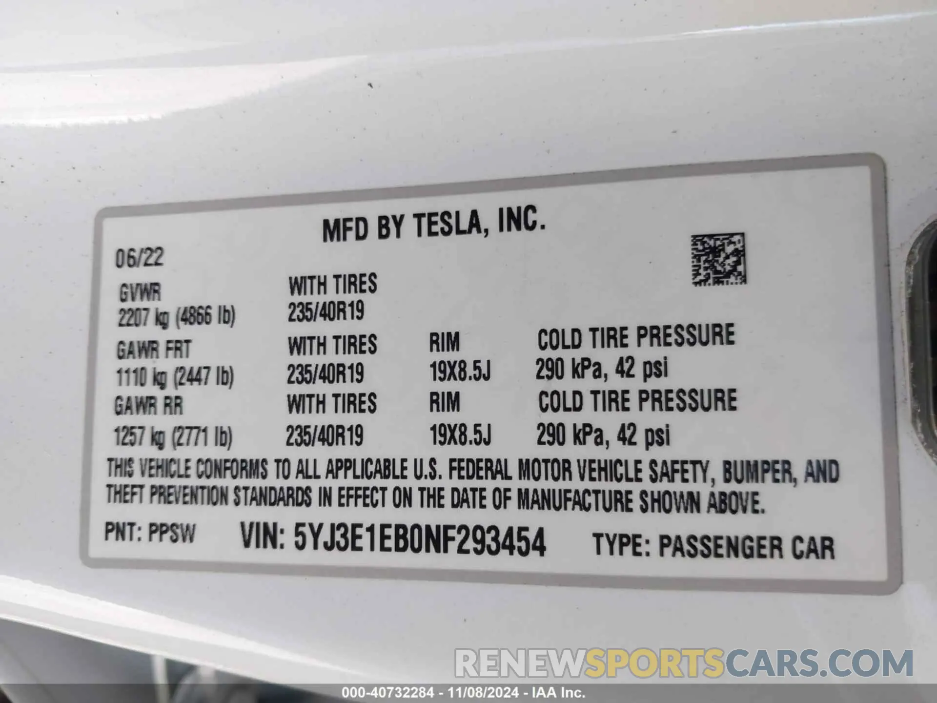 9 fotografías del automóvil dañado 5YJ3E1EB0NF293454 TESLA MODEL 3 2022