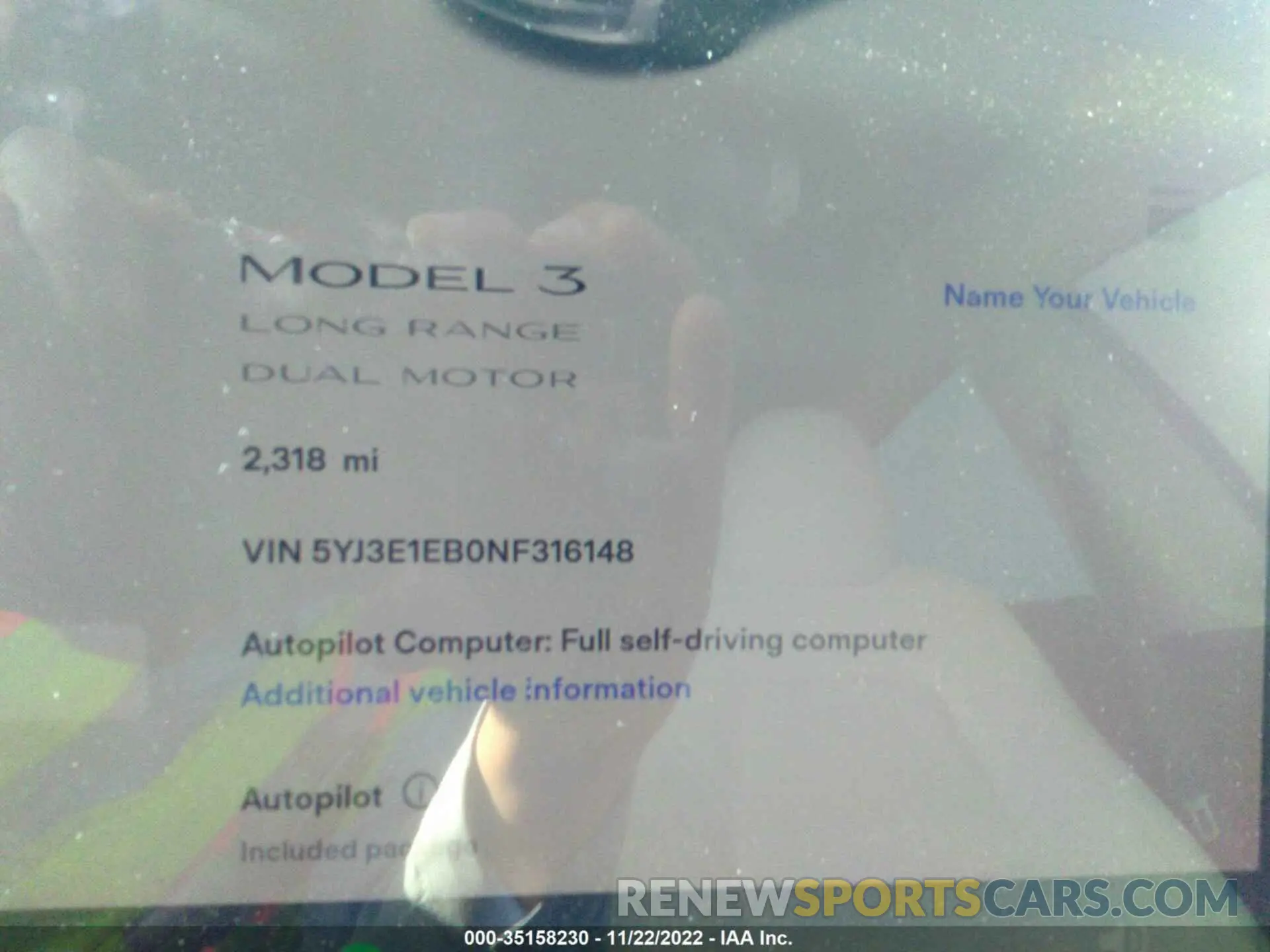 7 fotografías del automóvil dañado 5YJ3E1EB0NF316148 TESLA MODEL 3 2022