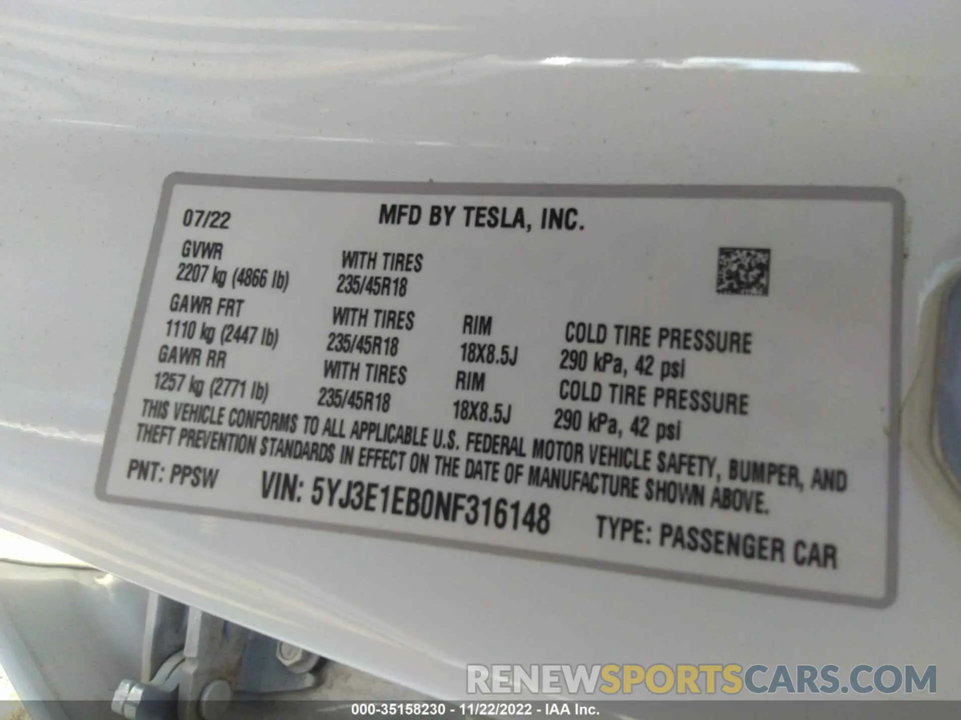9 fotografías del automóvil dañado 5YJ3E1EB0NF316148 TESLA MODEL 3 2022