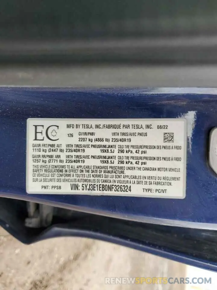 12 fotografías del automóvil dañado 5YJ3E1EB0NF326324 TESLA MODEL 3 2022