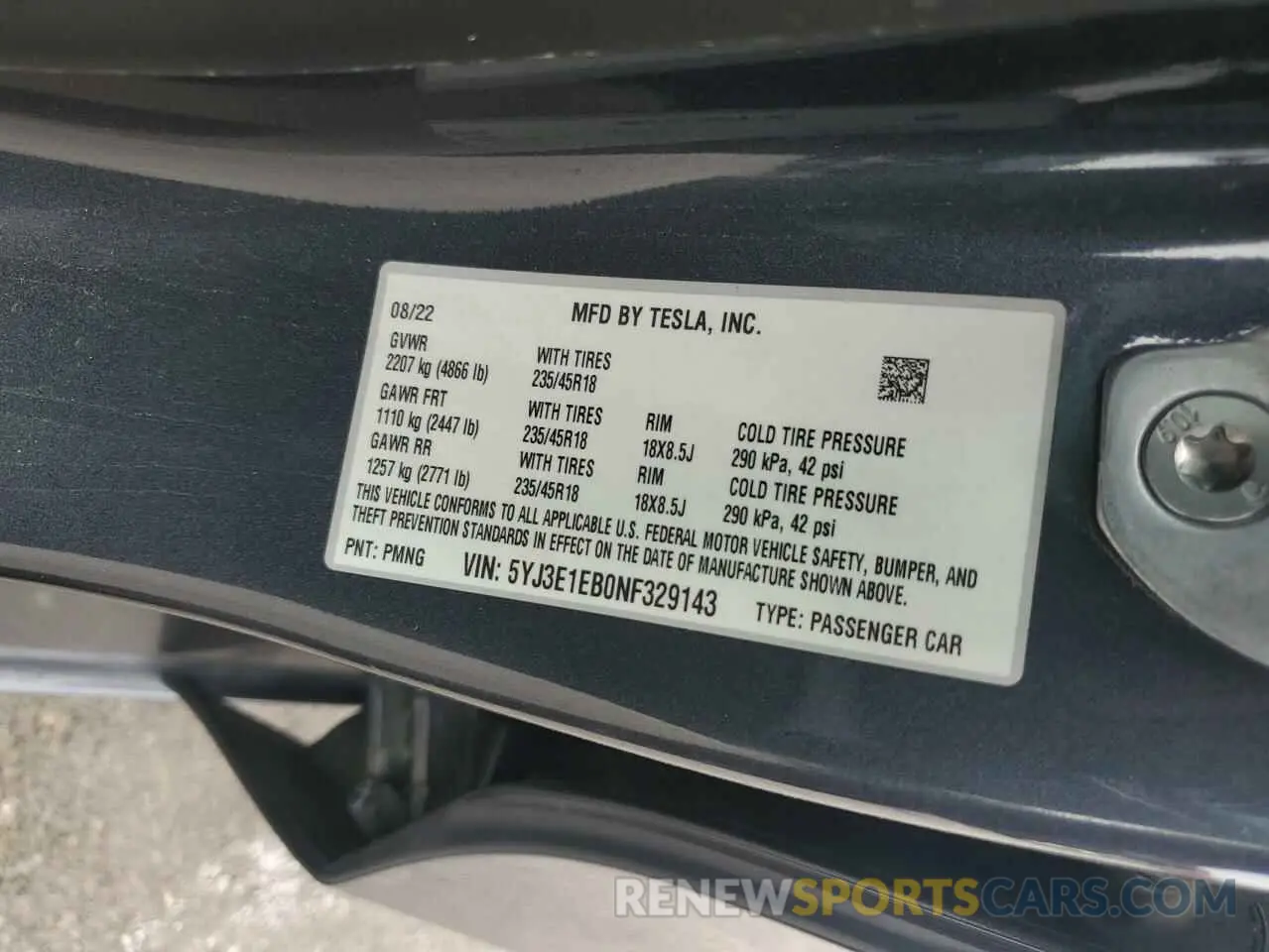 14 fotografías del automóvil dañado 5YJ3E1EB0NF329143 TESLA MODEL 3 2022