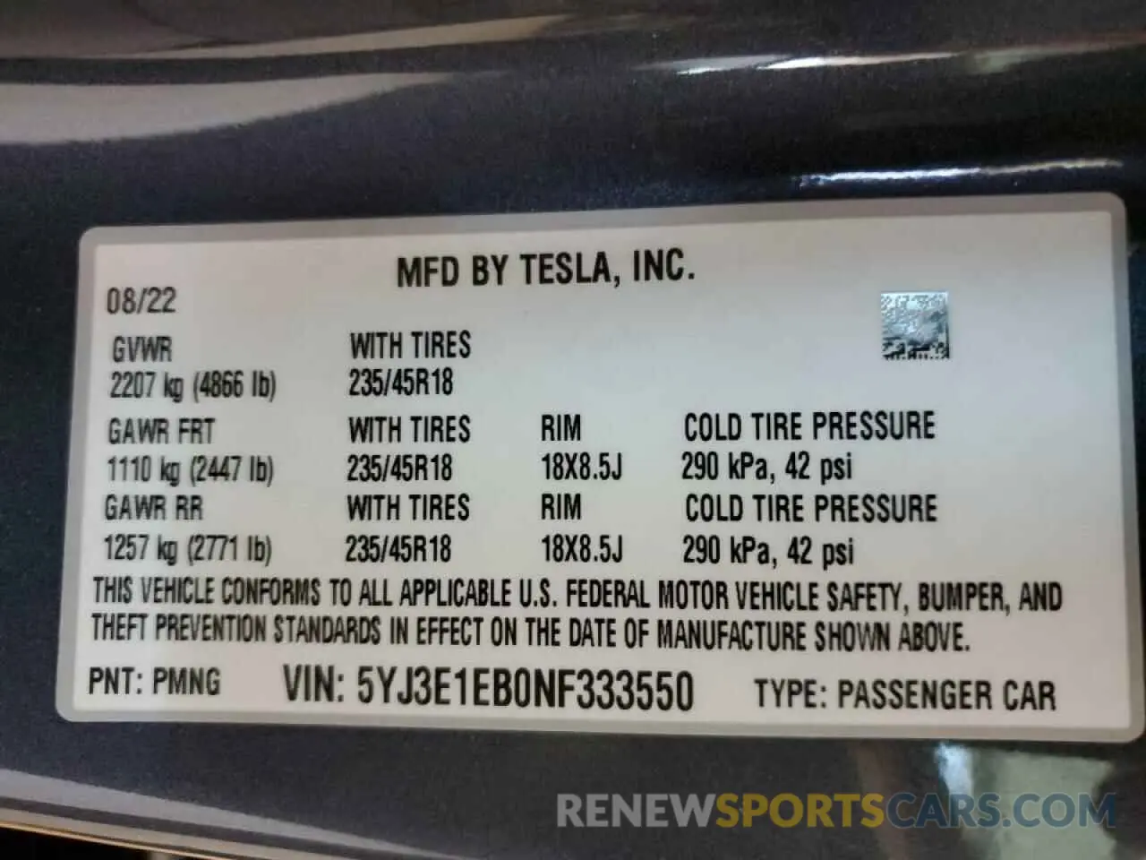 10 fotografías del automóvil dañado 5YJ3E1EB0NF333550 TESLA MODEL 3 2022