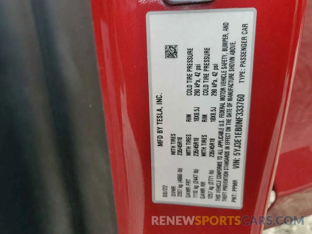 12 fotografías del automóvil dañado 5YJ3E1EB0NF333760 TESLA MODEL 3 2022