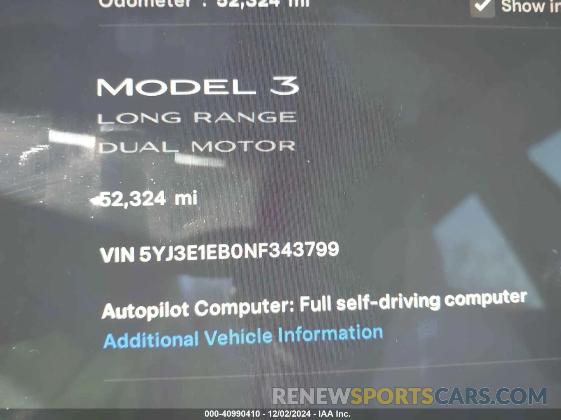 15 fotografías del automóvil dañado 5YJ3E1EB0NF343799 TESLA MODEL 3 2022