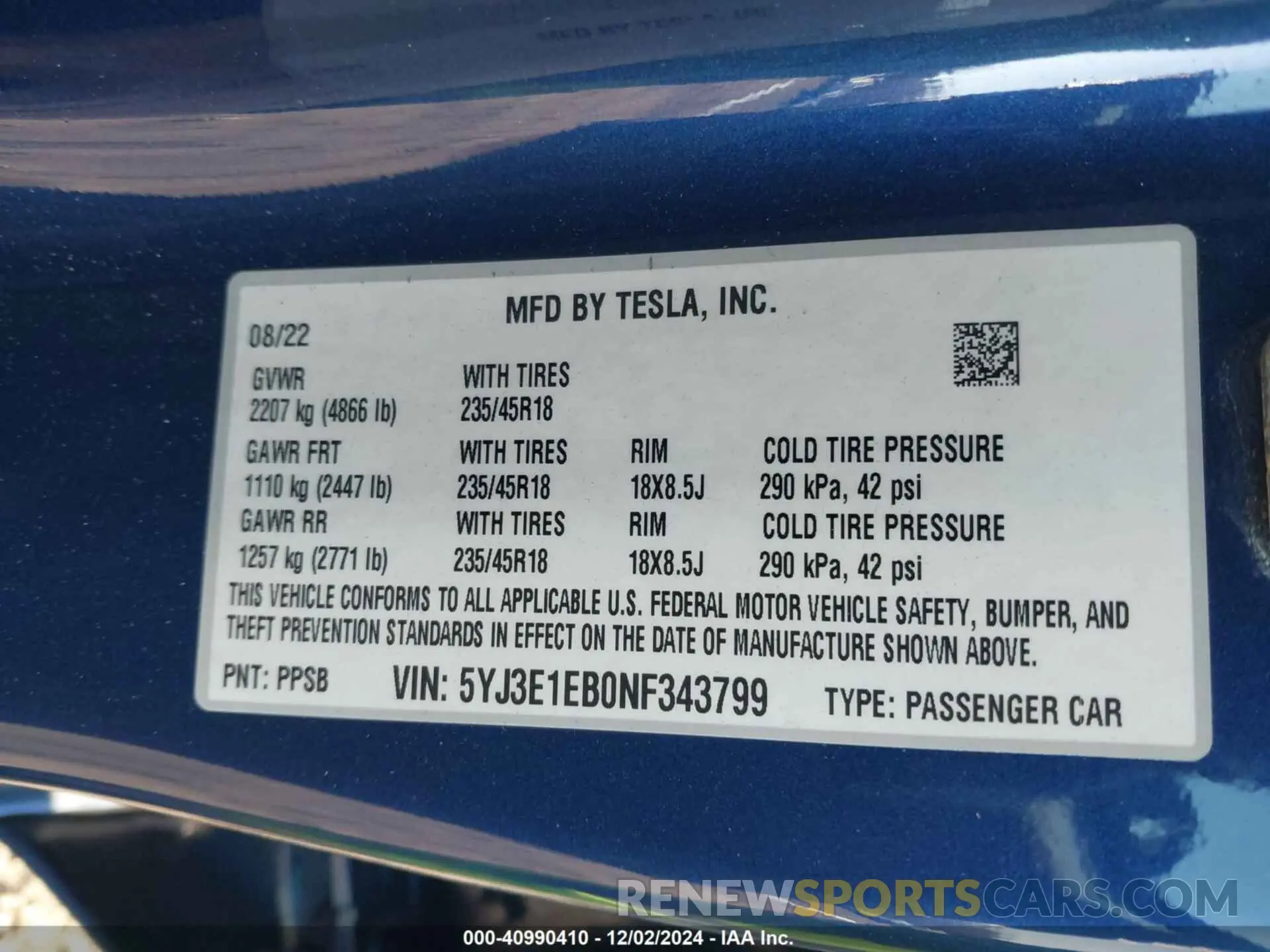 9 fotografías del automóvil dañado 5YJ3E1EB0NF343799 TESLA MODEL 3 2022