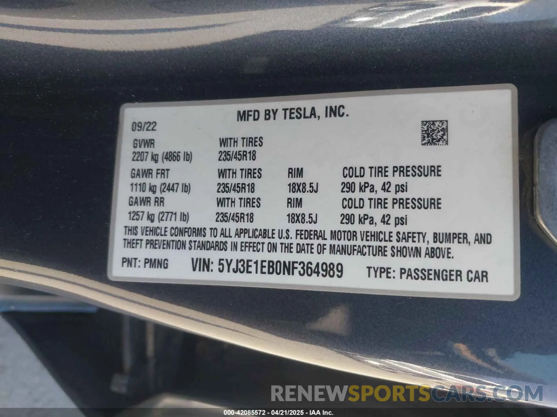 9 fotografías del automóvil dañado 5YJ3E1EB0NF364989 TESLA MODEL 3 2022