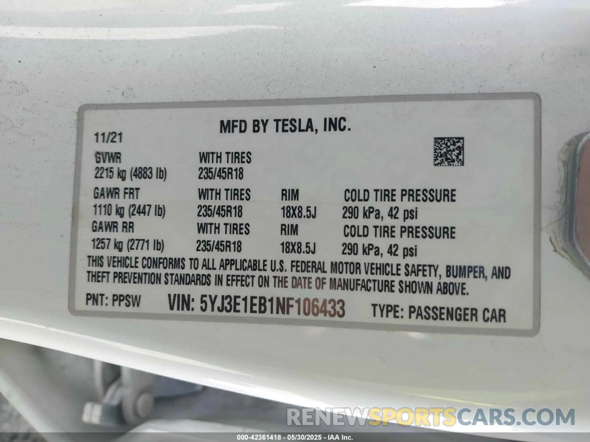 9 fotografías del automóvil dañado 5YJ3E1EB1NF106433 TESLA MODEL 3 2022