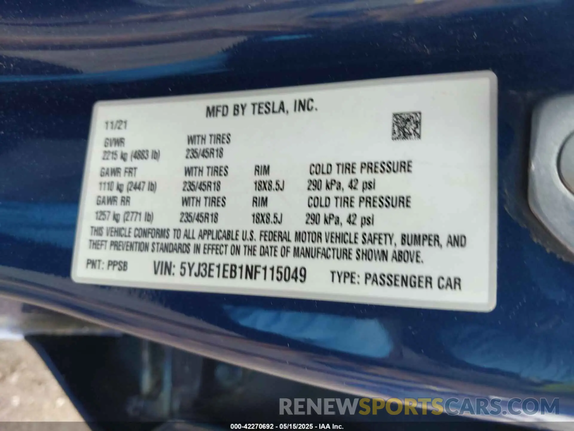 9 fotografías del automóvil dañado 5YJ3E1EB1NF115049 TESLA MODEL 3 2022