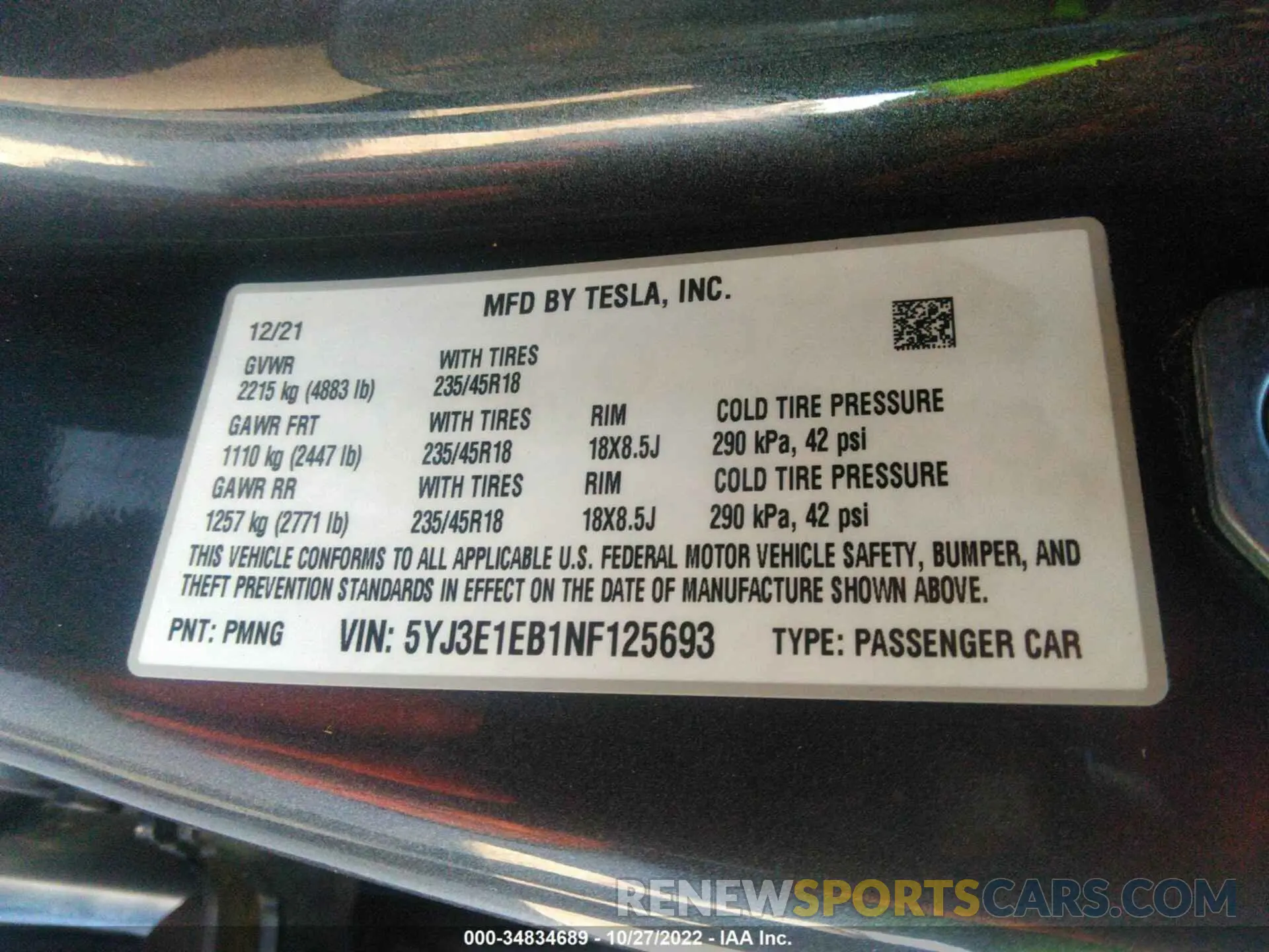 9 fotografías del automóvil dañado 5YJ3E1EB1NF125693 TESLA MODEL 3 2022