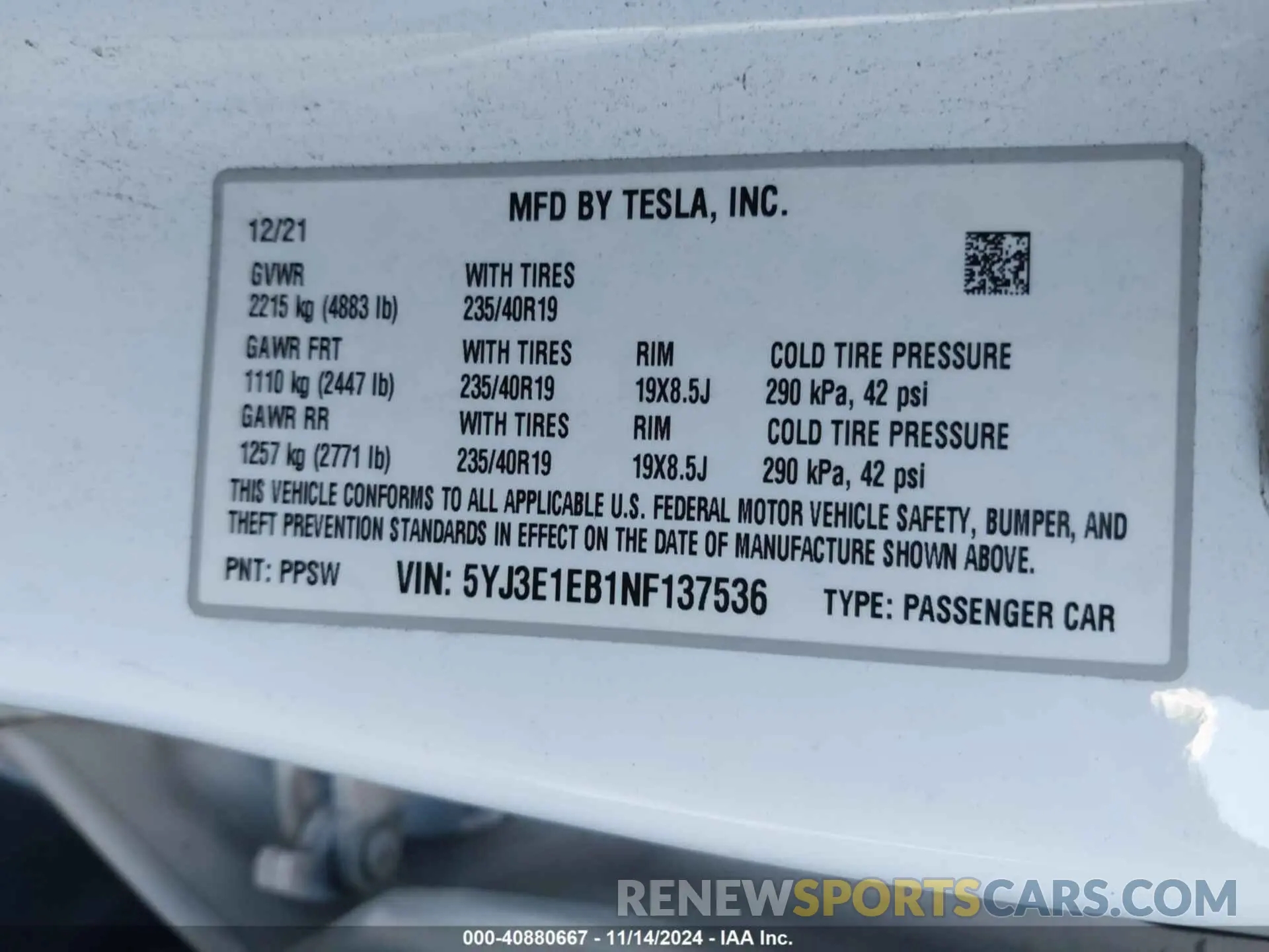 9 fotografías del automóvil dañado 5YJ3E1EB1NF137536 TESLA MODEL 3 2022