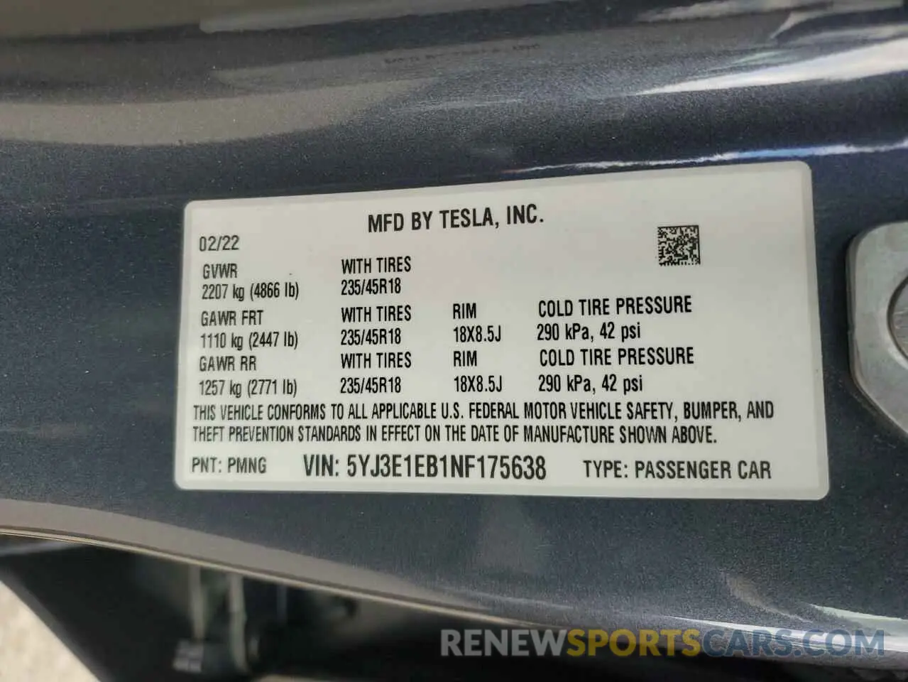 13 fotografías del automóvil dañado 5YJ3E1EB1NF175638 TESLA MODEL 3 2022