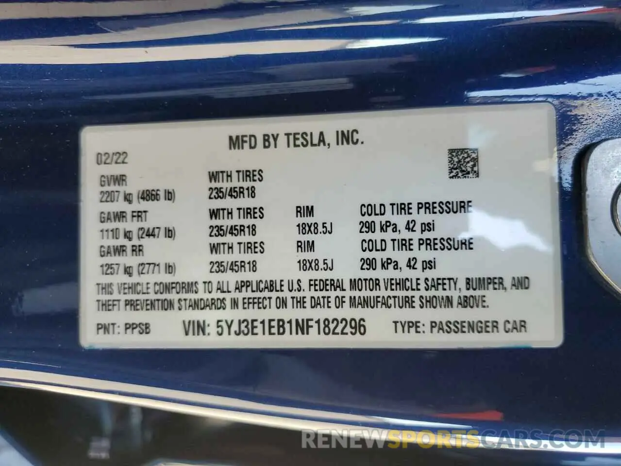 12 fotografías del automóvil dañado 5YJ3E1EB1NF182296 TESLA MODEL 3 2022