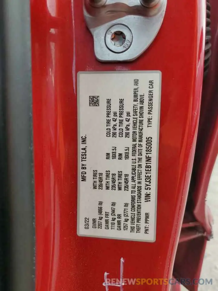 14 fotografías del automóvil dañado 5YJ3E1EB1NF185005 TESLA MODEL 3 2022