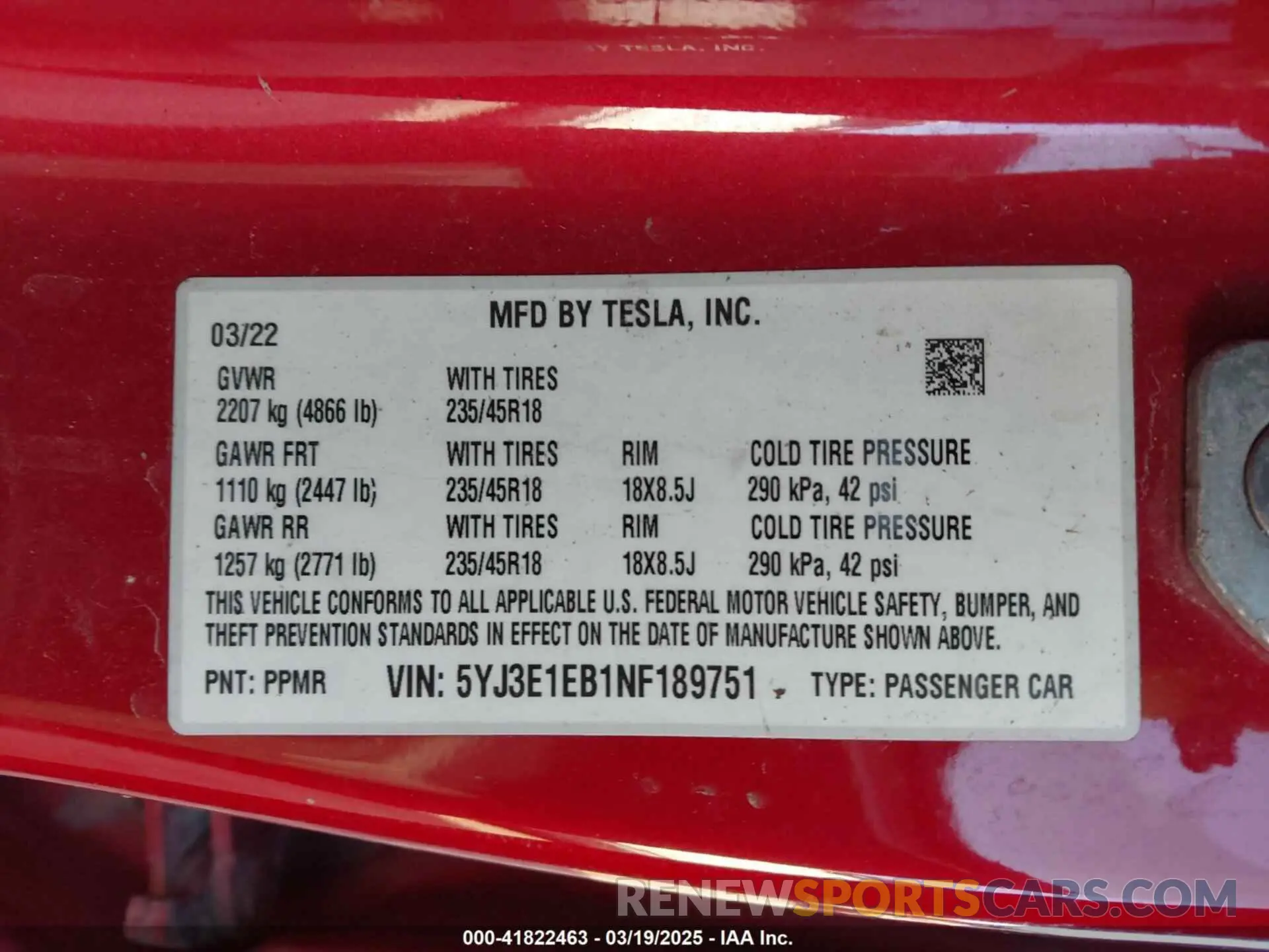 9 fotografías del automóvil dañado 5YJ3E1EB1NF189751 TESLA MODEL 3 2022