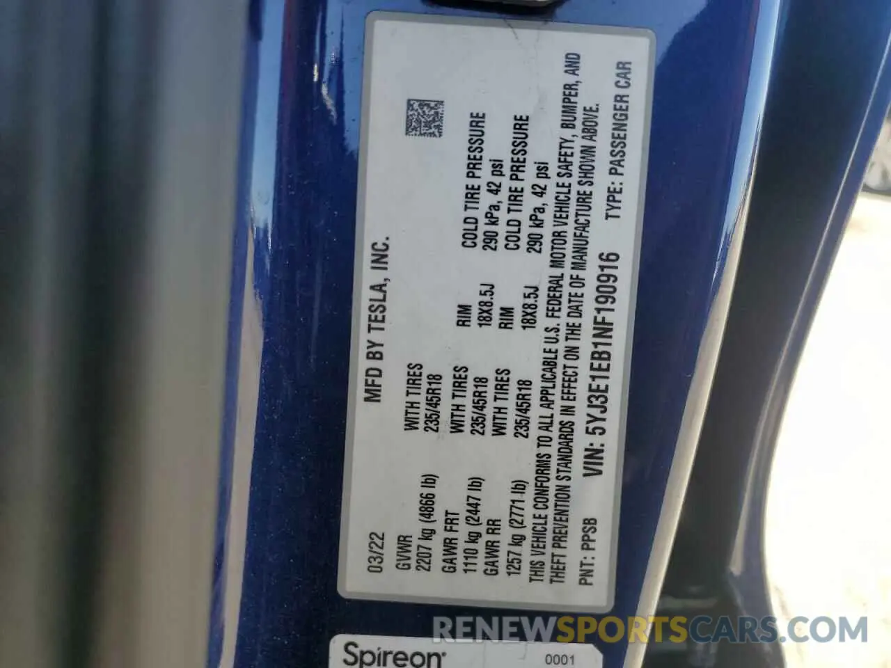 15 fotografías del automóvil dañado 5YJ3E1EB1NF190916 TESLA MODEL 3 2022