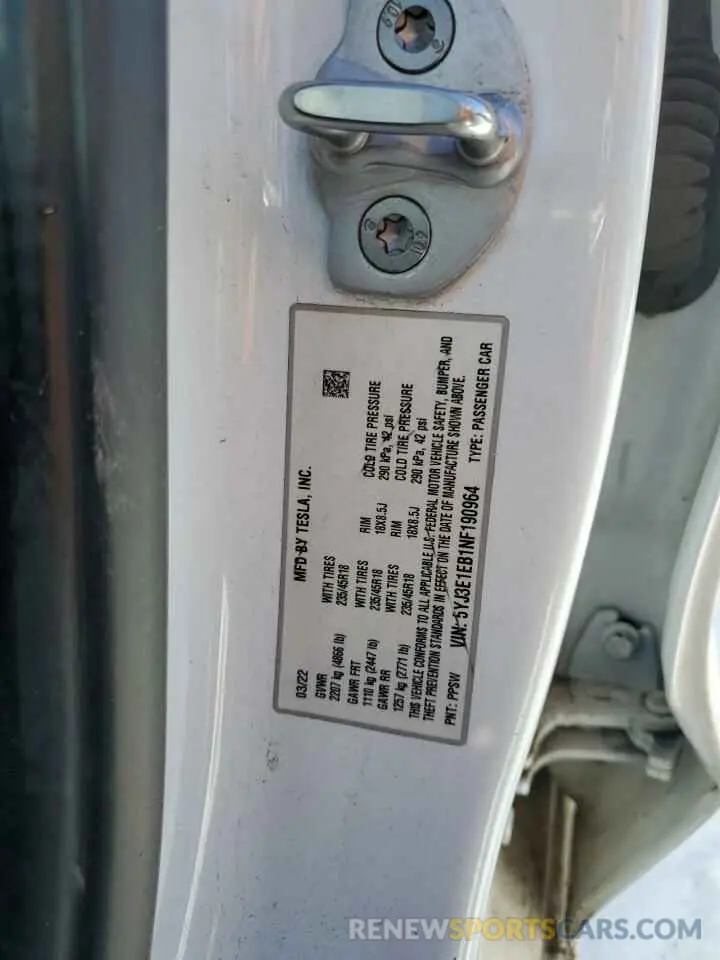 14 fotografías del automóvil dañado 5YJ3E1EB1NF190964 TESLA MODEL 3 2022