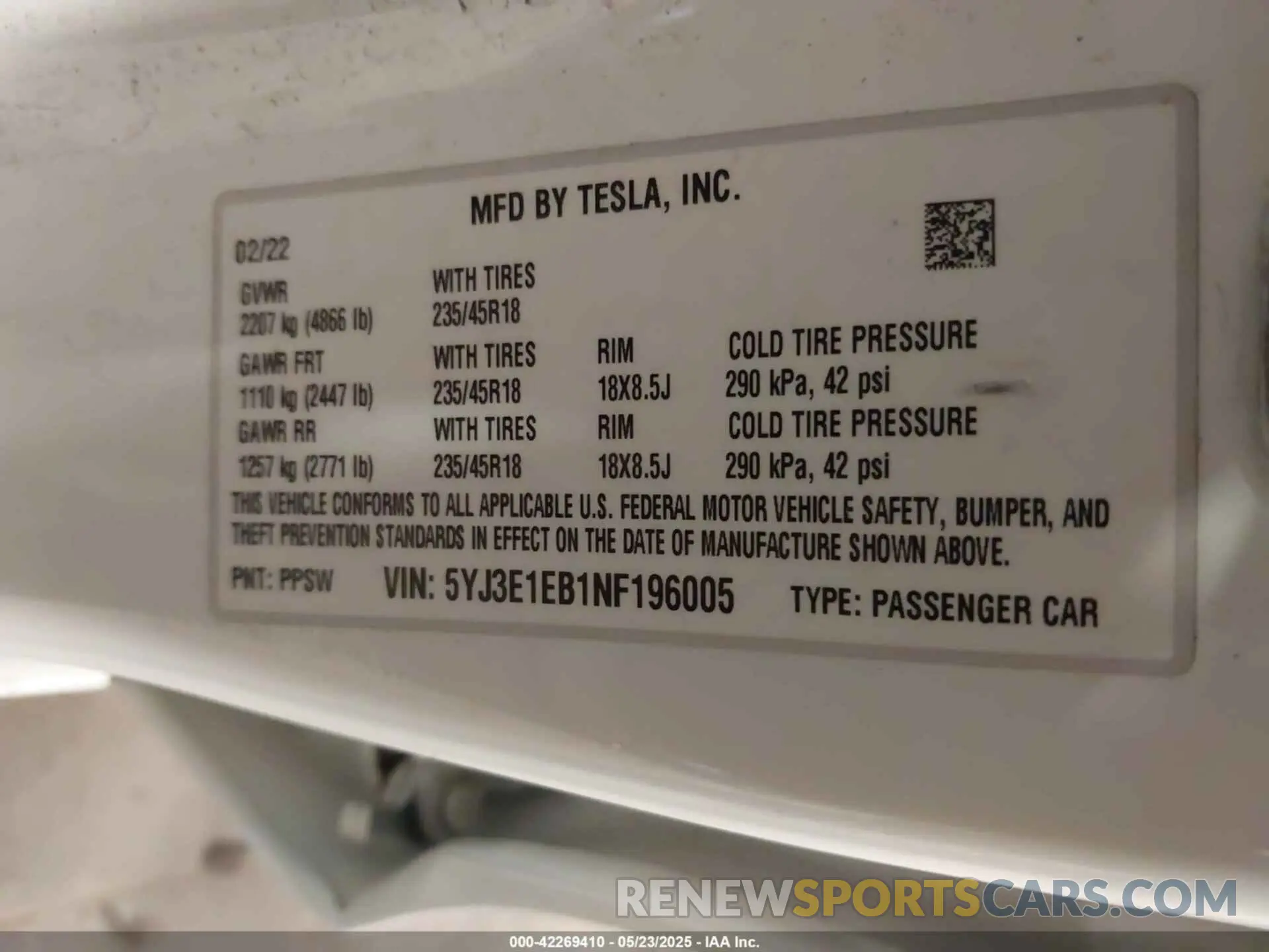 9 fotografías del automóvil dañado 5YJ3E1EB1NF196005 TESLA MODEL 3 2022