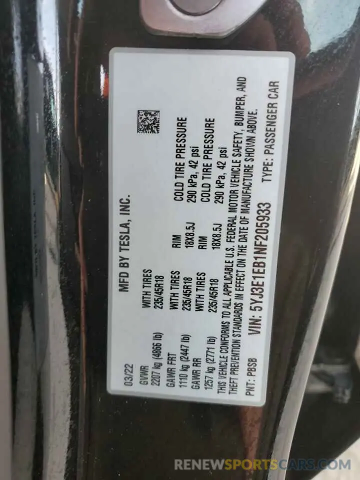 13 fotografías del automóvil dañado 5YJ3E1EB1NF205933 TESLA MODEL 3 2022