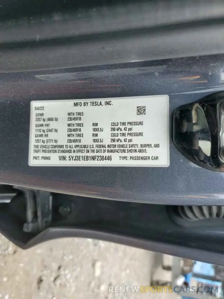 13 fotografías del automóvil dañado 5YJ3E1EB1NF238446 TESLA MODEL 3 2022
