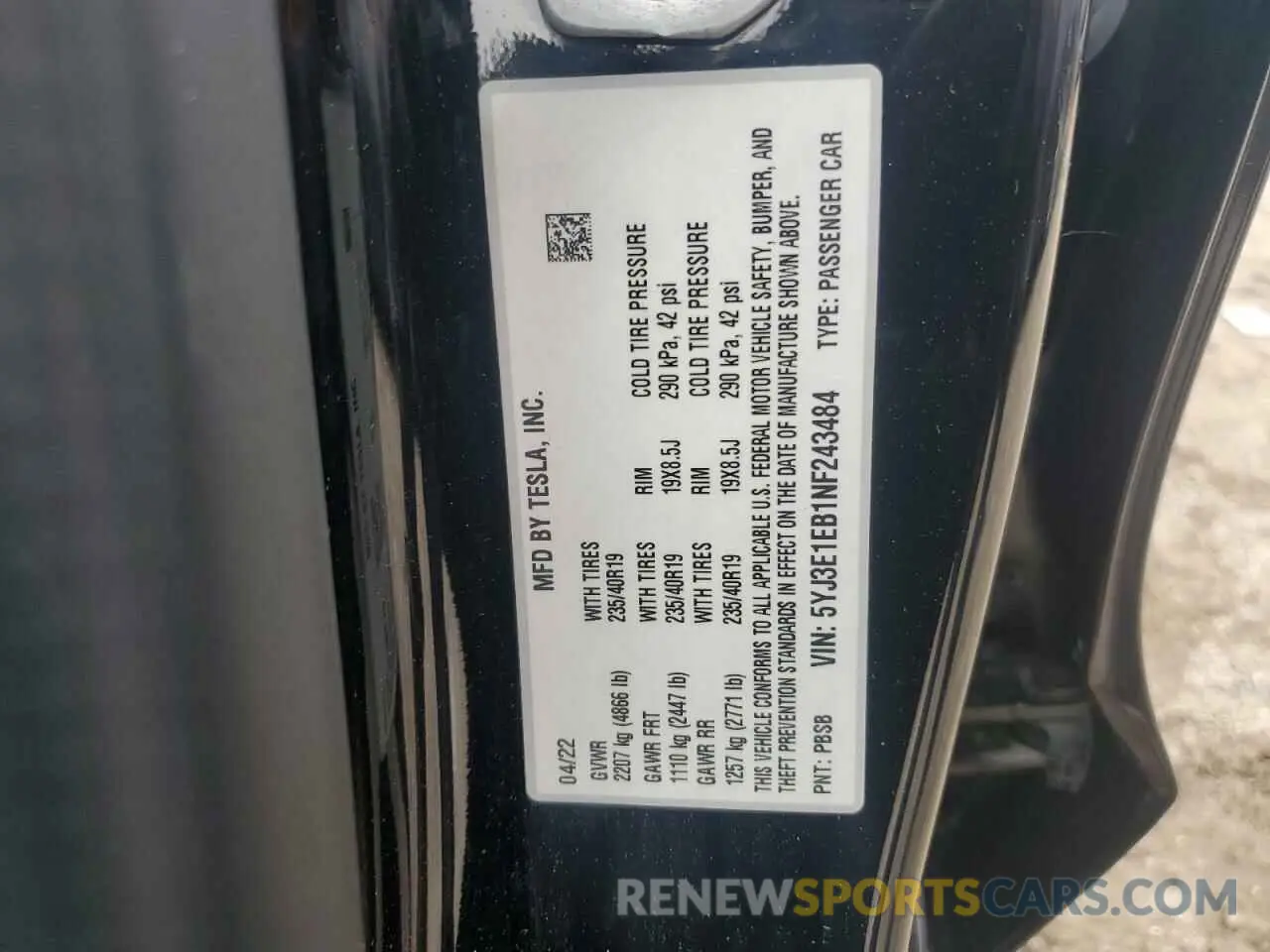 14 fotografías del automóvil dañado 5YJ3E1EB1NF243484 TESLA MODEL 3 2022