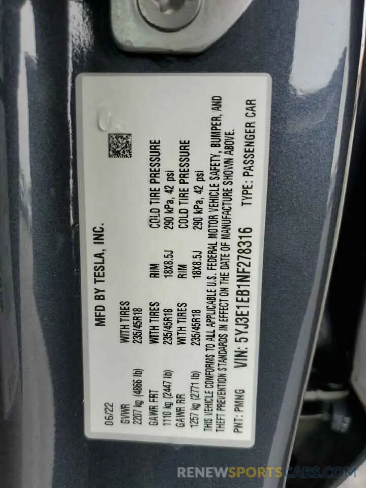 10 fotografías del automóvil dañado 5YJ3E1EB1NF278316 TESLA MODEL 3 2022